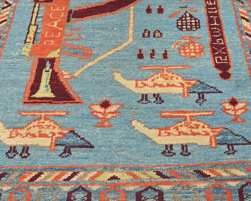 Alfombra afgana Kuba de lana azul de 3x4 anudada a mano