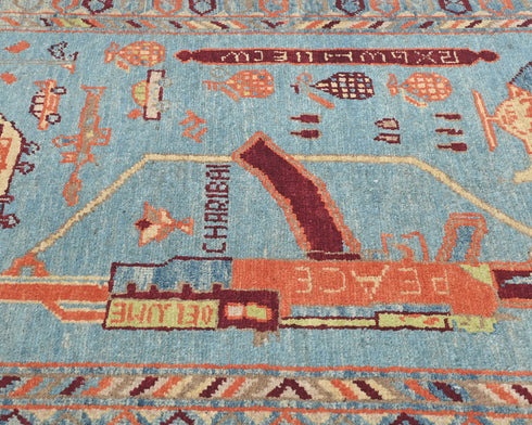 Alfombra afgana Kuba de lana azul de 3x4 anudada a mano