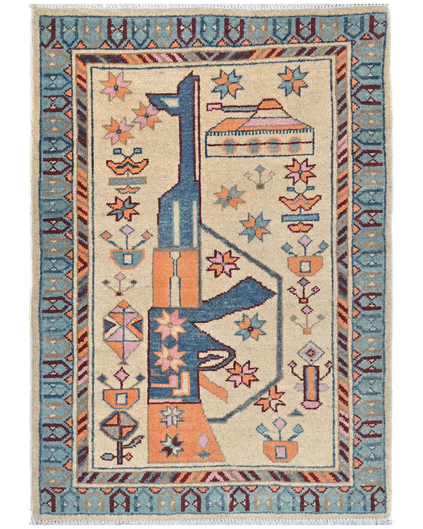 3x4 Beige Kuba Afghan Hand Knotted Wool Area Rug