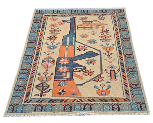 3x4 Beige Kuba Afghan Hand Knotted Wool Area Rug