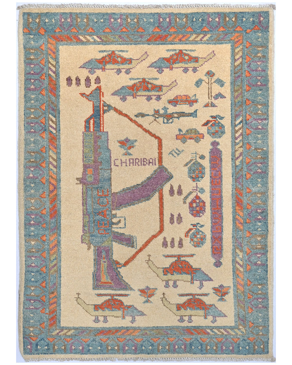 3x4 Beige Kuba Afghan Hand Knotted Wool Area Rug