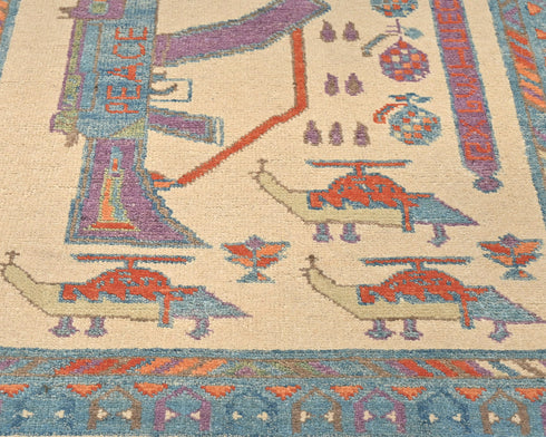 3x4 Beige Kuba Afghan Hand Knotted Wool Area Rug