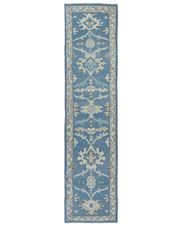 Blue 10 Ft Oushak Turkish Handmade Traditional Soft Wool Runner Rug