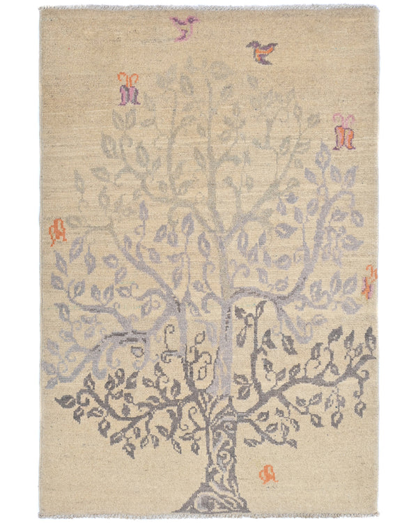 3x4 Beige Kuba Afghan Hand Knotted Wool Area Rug