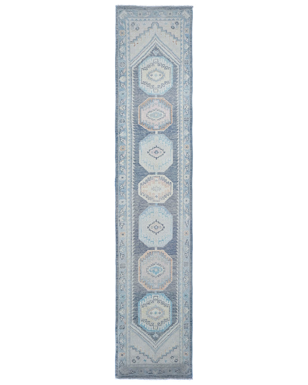 13 Ft Blue Oushak Turkish Hand Knotted Geometric Traditional Soft Wool Runner Rug