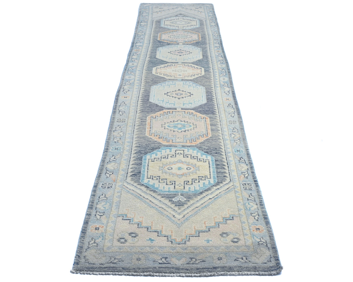 13 Ft Blue Oushak Turkish Hand Knotted Geometric Traditional Soft Wool Runner Rug