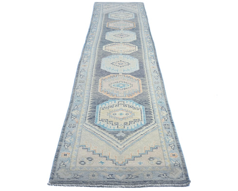 13 Ft Blue Oushak Turkish Hand Knotted Geometric Traditional Soft Wool Runner Rug