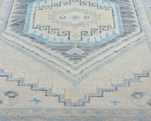 13 Ft Blue Oushak Turkish Hand Knotted Geometric Traditional Soft Wool Runner Rug