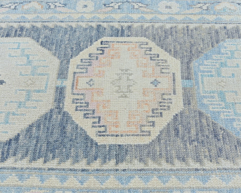 13 Ft Blue Oushak Turkish Hand Knotted Geometric Traditional Soft Wool Runner Rug