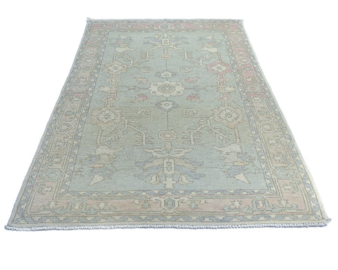 Muted Blue 4x6 Oushak Turkish Hand Knotted Floral Traditional Soft Wool Area Rug