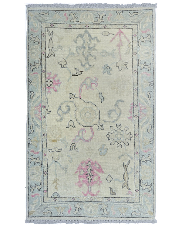 Beige 3x5 Ft Oushak Turkish Hand Knotted Floral Traditional Veg Dye Wool Rug