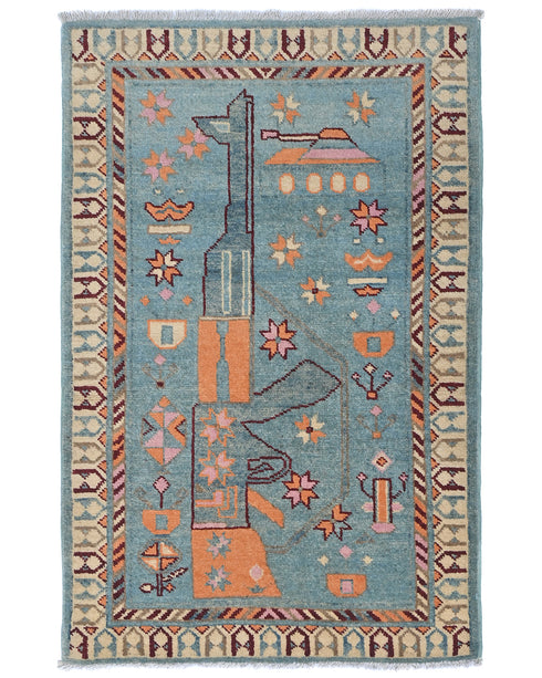 Alfombra afgana Kuba de lana azul de 3x4 anudada a mano