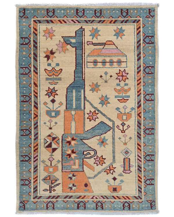 3x4 Beige Kuba Afghan Hand Knotted Wool Area Rug