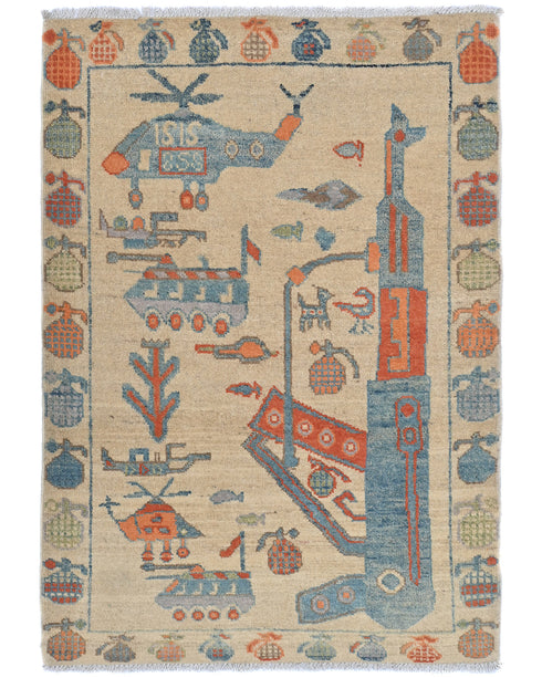 3x4 Beige Kuba Afghan Hand Knotted Wool Area Rug