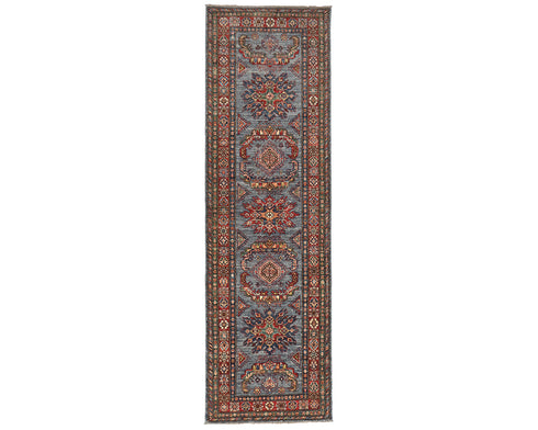 9 Feet Blue Gray Kazak Afghan Hand Knotted Wool Runner Rug