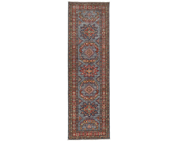 9 Feet Blue Gray Kazak Afghan Hand Knotted Wool Runner Rug