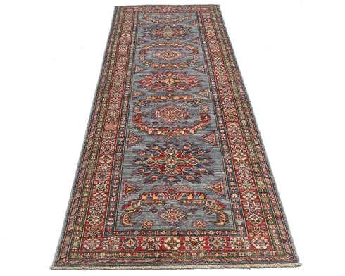 9 Feet Blue Gray Kazak Afghan Hand Knotted Wool Runner Rug