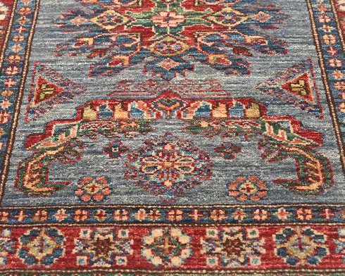 9 Feet Blue Gray Kazak Afghan Hand Knotted Wool Runner Rug