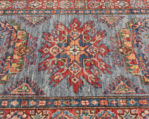 9 Feet Blue Gray Kazak Afghan Hand Knotted Wool Runner Rug
