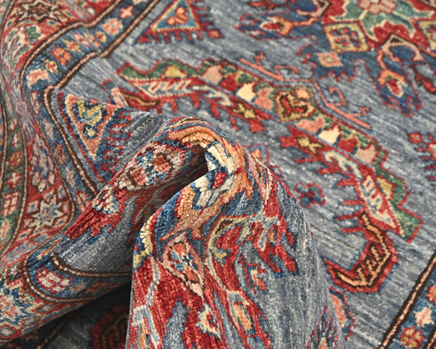 9 Feet Blue Gray Kazak Afghan Hand Knotted Wool Runner Rug