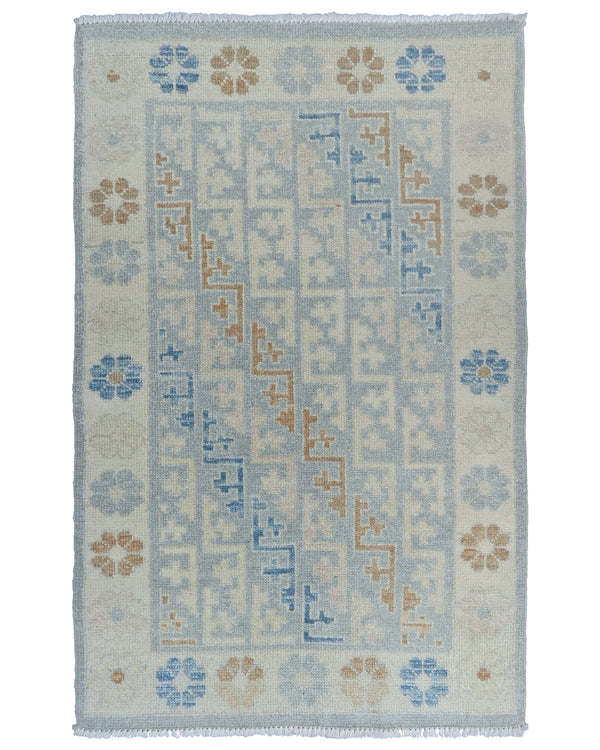 3x5 Oushak Gray Turkish Handmade Geometric Veg Dye Wool Rug