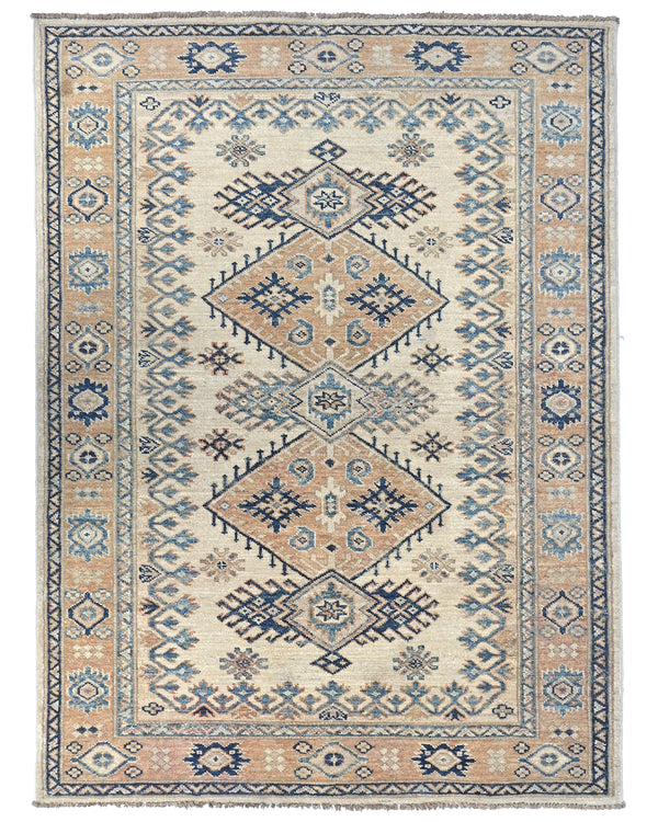 3x5 Kazak Beige Afghan Hand Knotted Geometric Design Wool Area Rug