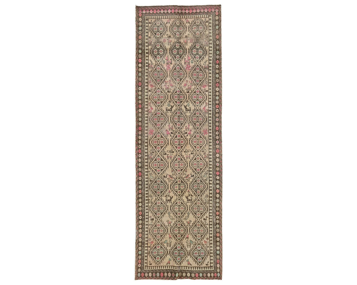10 Ft Vintage Brown Persian Style Hand Knotted Low Pile Wool Runner Rug
