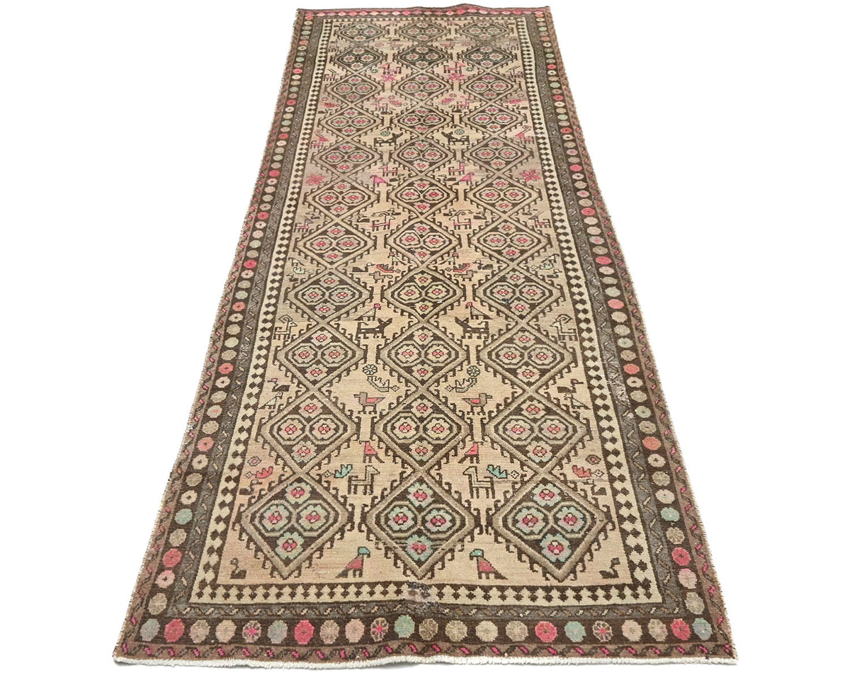 10 Ft Vintage Brown Persian Style Hand Knotted Low Pile Wool Runner Rug