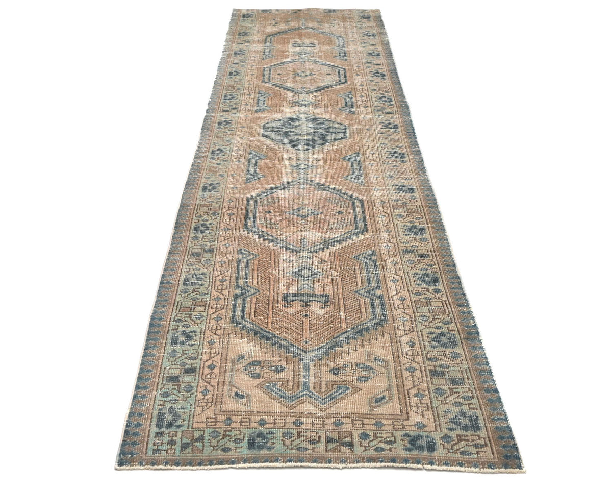 11 Ft Vintage Brown Persian Style Hand Knotted Distressed Low Pile Wool Runner Rug