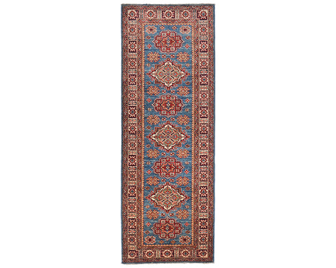 6 Feet Blue Kazak Afghan Hand Knotted Wool Runner Rug