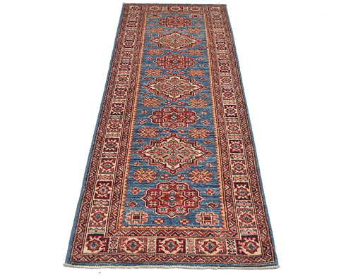 6 Feet Blue Kazak Afghan Hand Knotted Wool Runner Rug