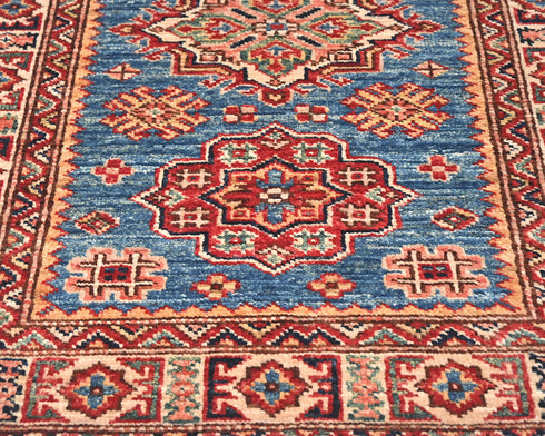6 Feet Blue Kazak Afghan Hand Knotted Wool Runner Rug