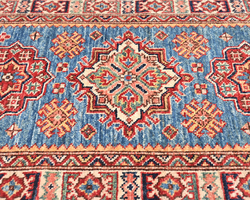 6 Feet Blue Kazak Afghan Hand Knotted Wool Runner Rug