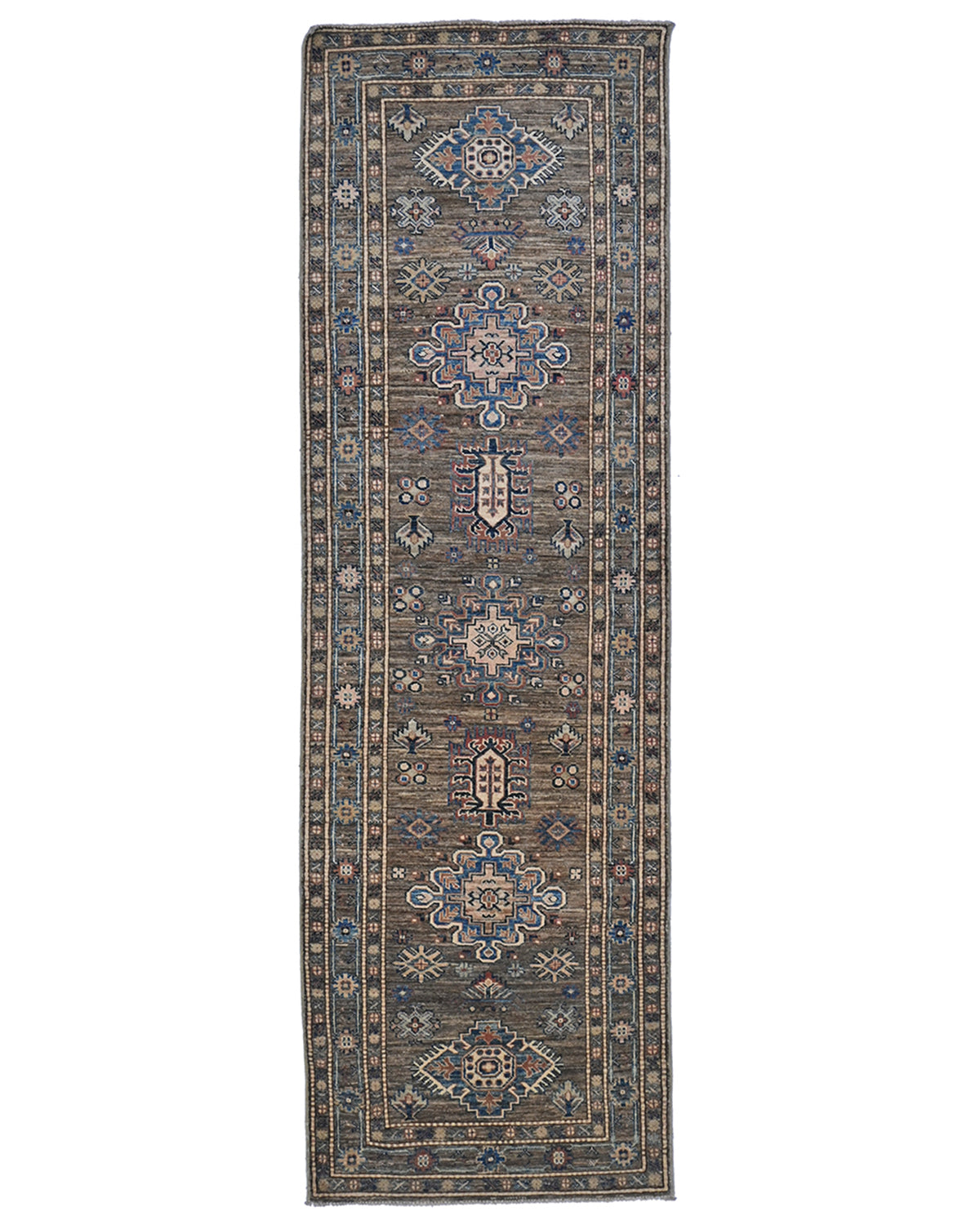 Alfombra de lana geométrica anudada a mano, color marrón y gris, estilo afgano kazajo, de 2,7 m
