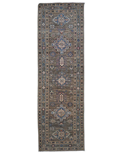 9 Ft Brown Gray Kazak Afghan Hand Knotted Geometric Wool Runner Rug