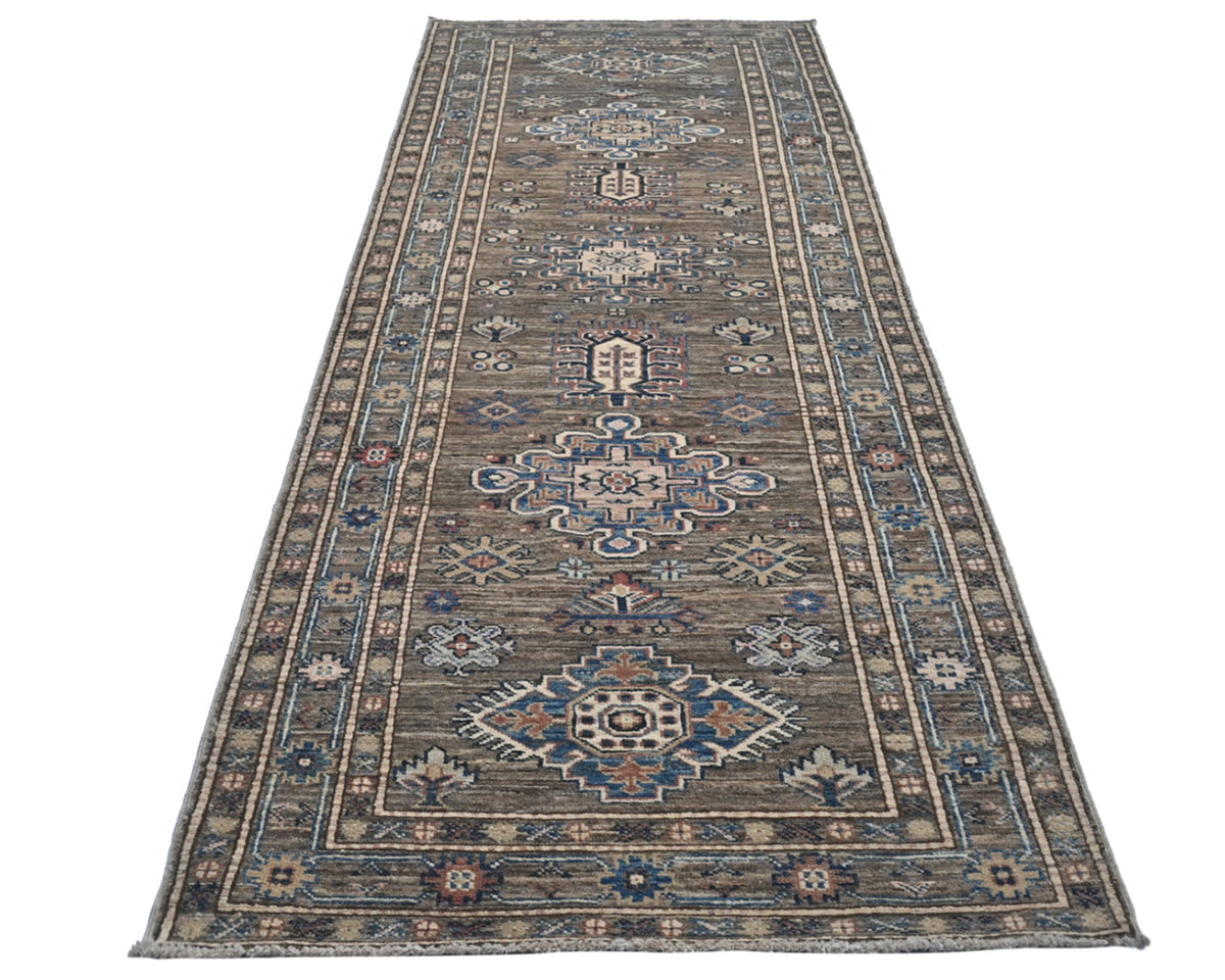 Alfombra de lana geométrica anudada a mano, color marrón y gris, estilo afgano kazajo, de 2,7 m