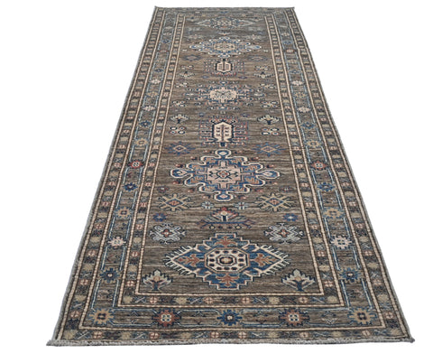 9 Ft Brown Gray Kazak Afghan Hand Knotted Geometric Wool Runner Rug