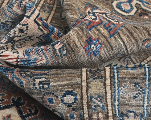 9 Ft Brown Gray Kazak Afghan Hand Knotted Geometric Wool Runner Rug