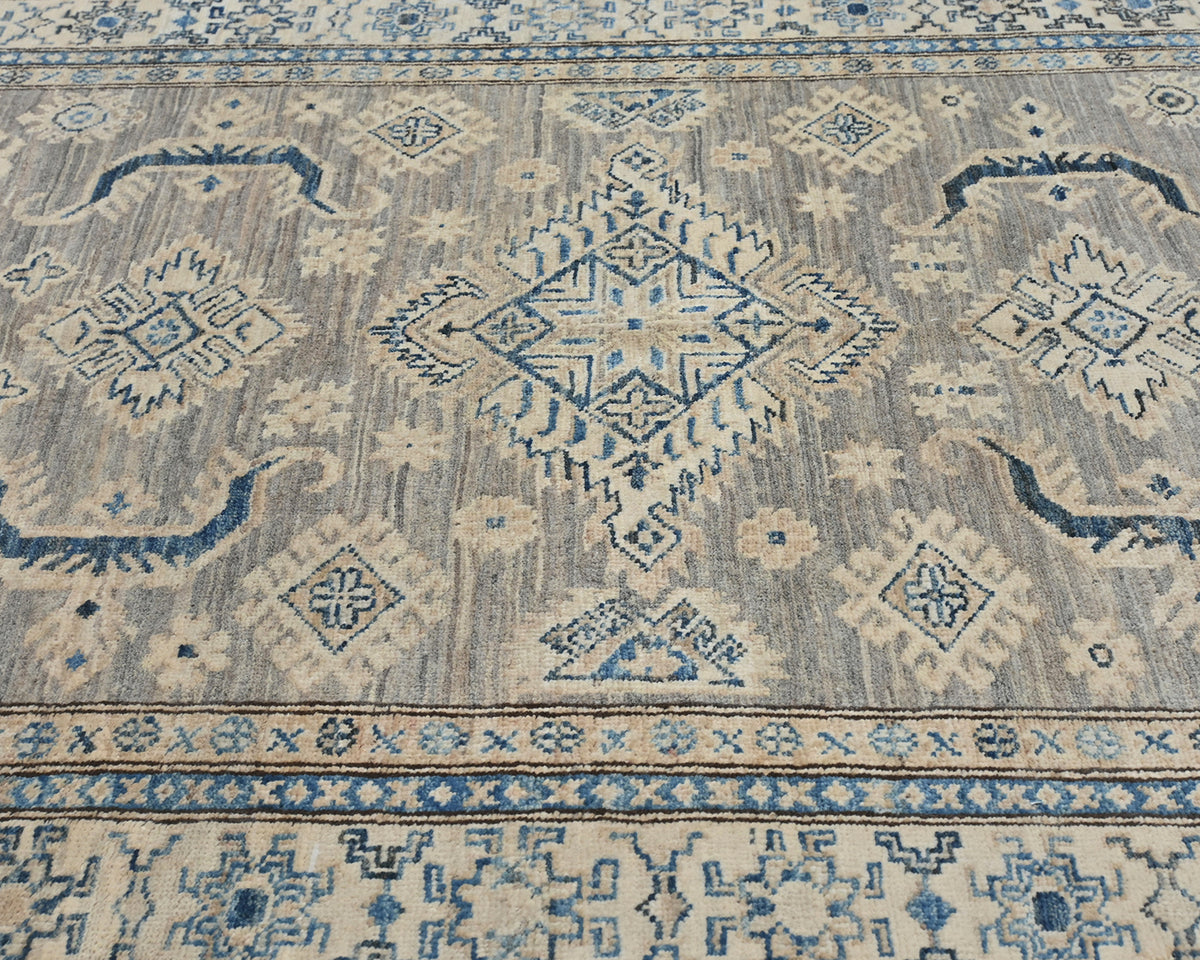 Alfombra tradicional afgana de lana anudada a mano, de 4 x 6 pulgadas, color gris y azul kazajo