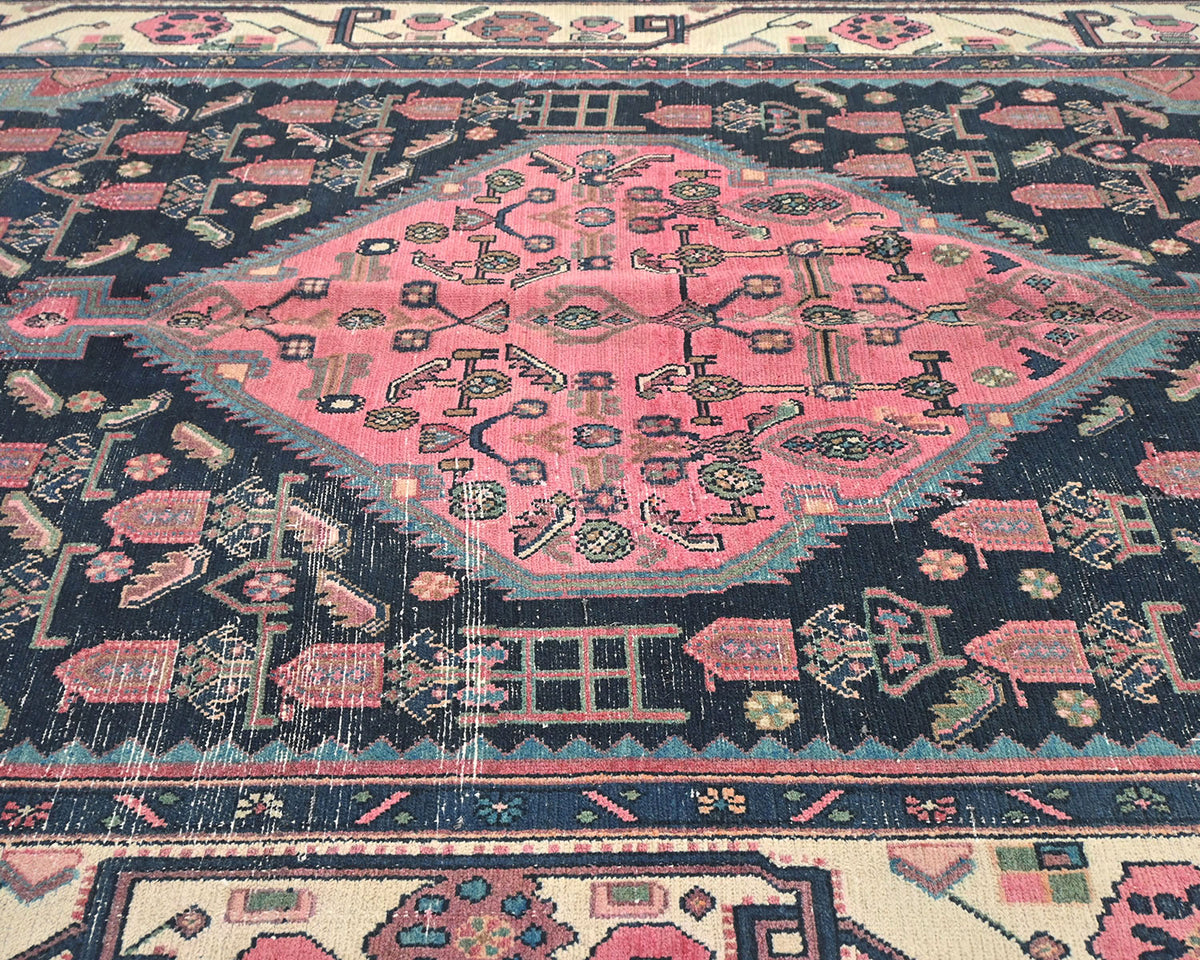 6x12 Vintage Blue Pink Persian Style Hand Knotted Low Pile Wool Runner Rug
