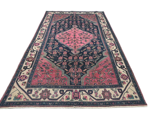 6x11 Vintage Blue Pink Persian Style Hand Knotted Low Pile Wool Area Rug