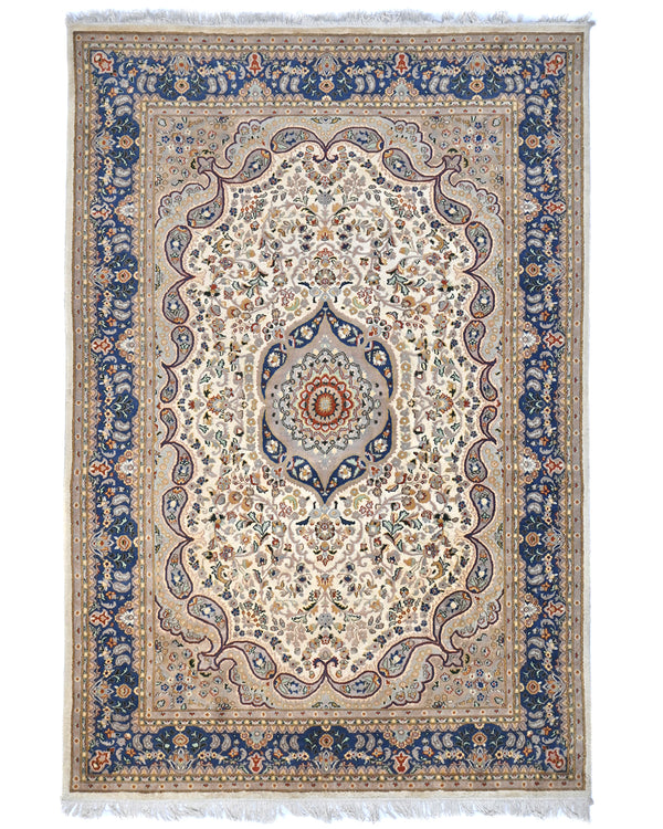 6x9 Oriental Beige Blue Persian Style Hand Knotted Floral Wool Area Rug