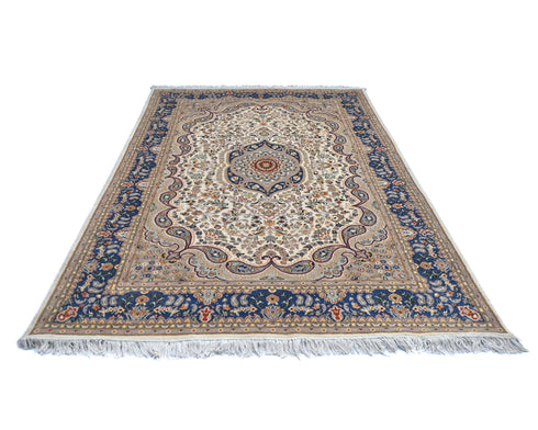 6x9 Oriental Beige Blue Persian Style Hand Knotted Floral Wool Area Rug