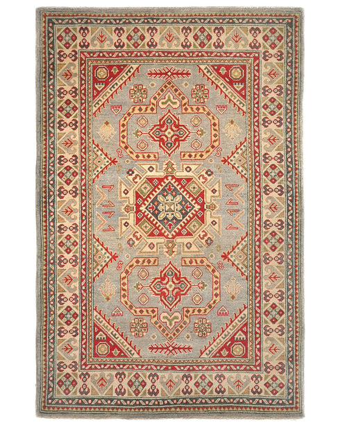 4x6 Gray Kuba Afghan Hand Knotted Wool Area Rug
