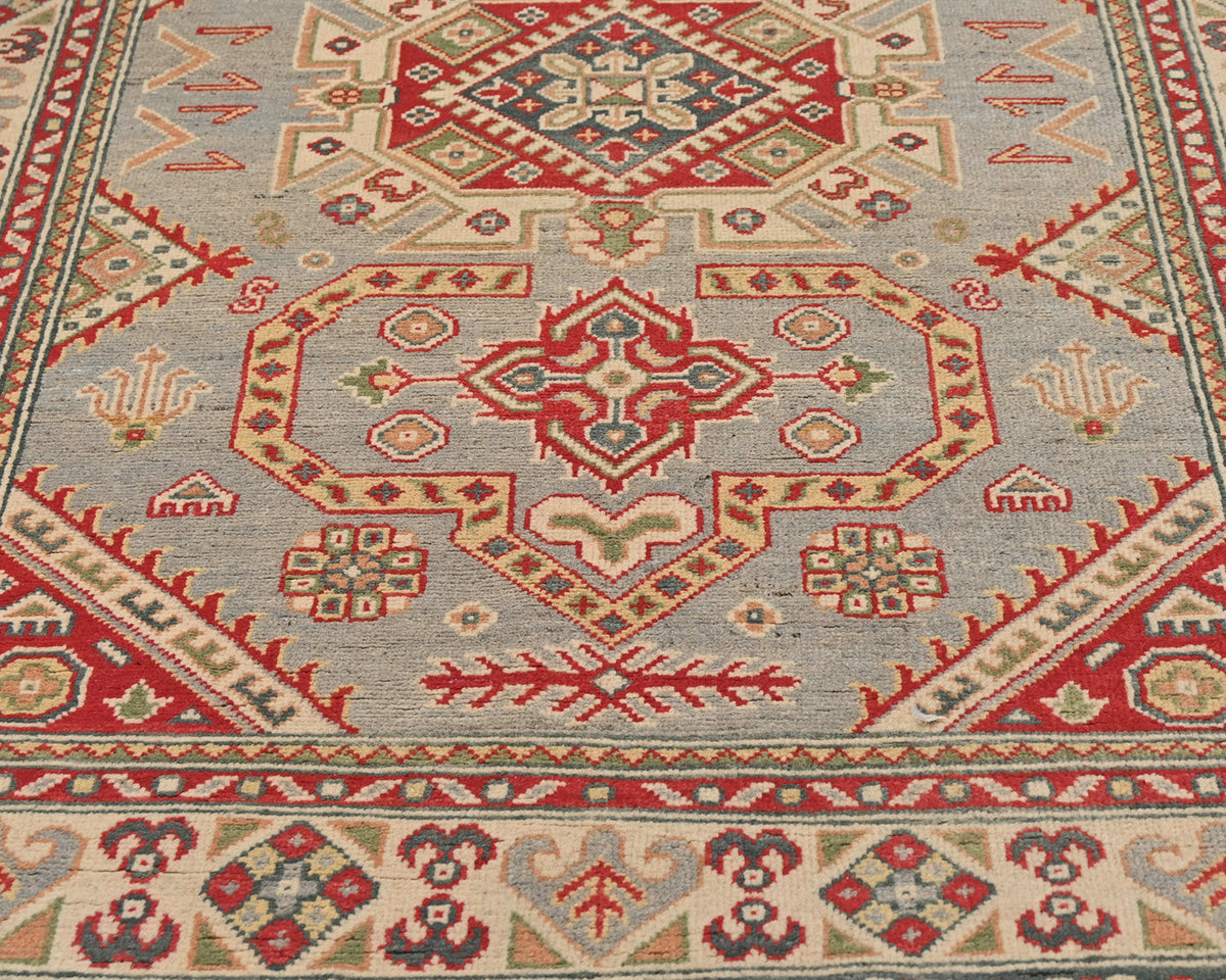 4x6 Gray Kuba Afghan Hand Knotted Wool Area Rug
