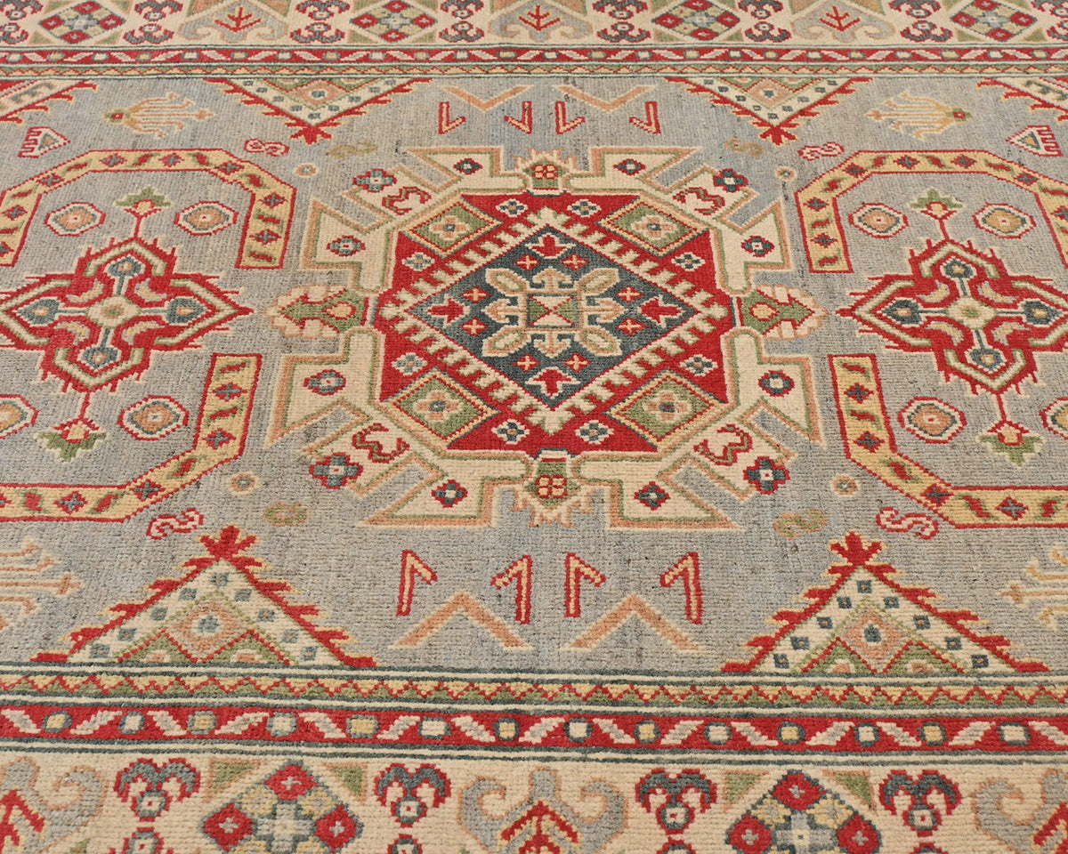 4x6 Gray Kuba Afghan Hand Knotted Wool Area Rug