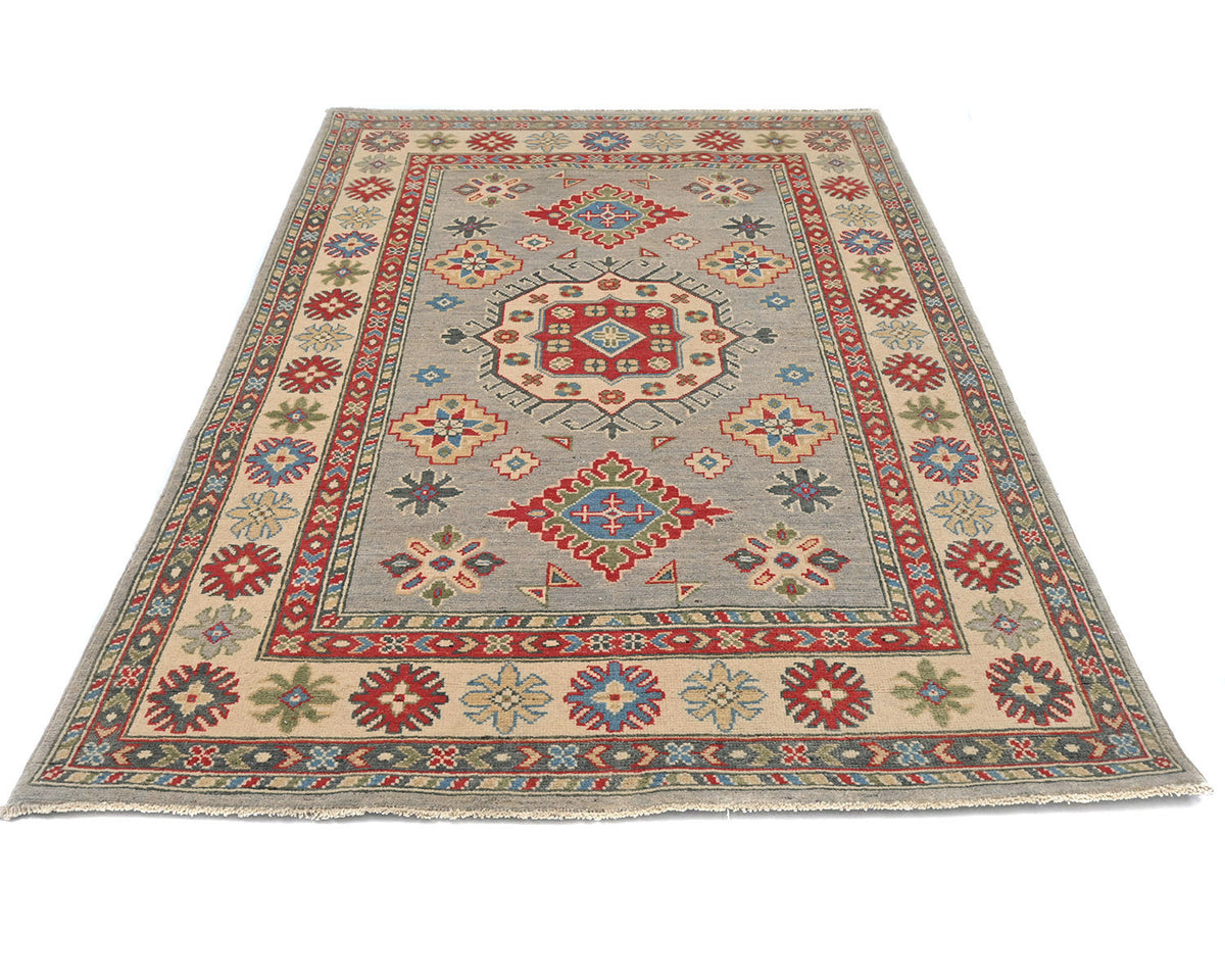 4x6 Gray Kuba Afghan Hand Knotted Wool Area Rug