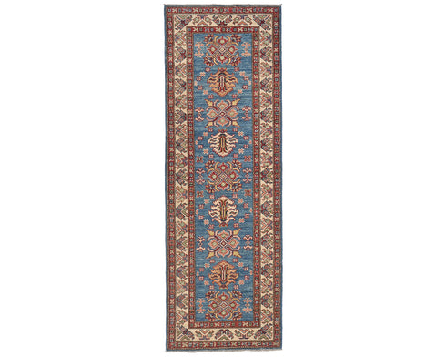 7 Feet Blue Kazak Afghan Hand Knotted Wool Runner Rug