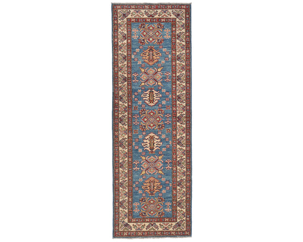 7 Feet Blue Kazak Afghan Hand Knotted Wool Runner Rug