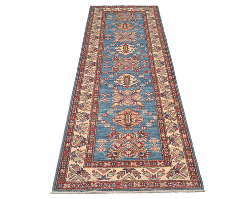 7 Feet Blue Kazak Afghan Hand Knotted Wool Runner Rug